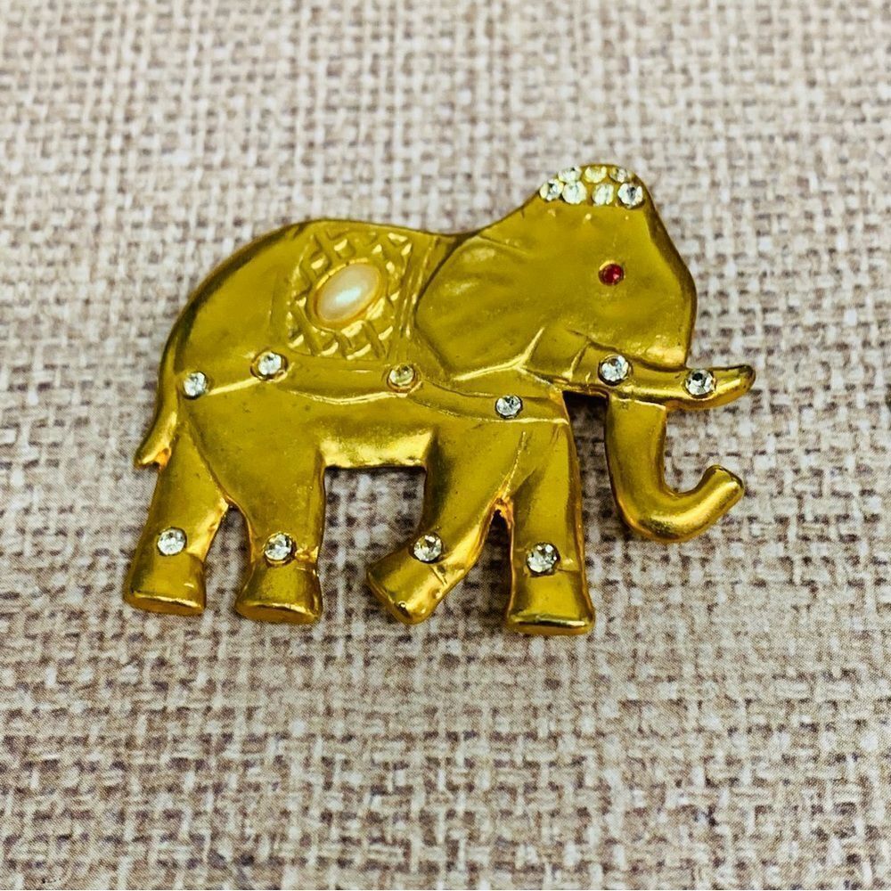 Gold Embellished Trunk Up Elephant Brooch‎